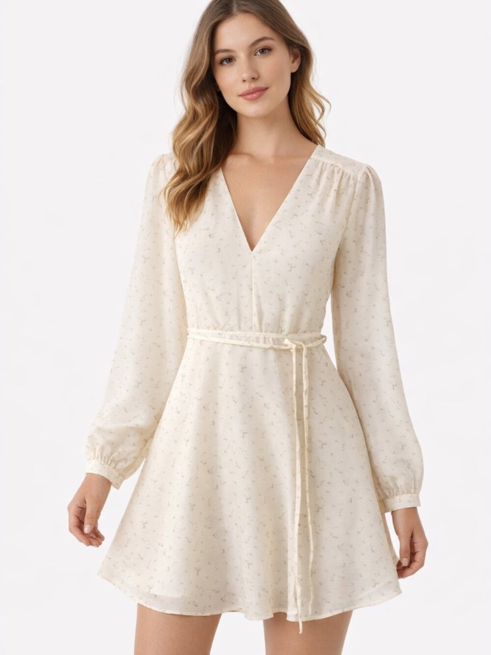 Glamorous Cream Floral Tie‑Waist Mini Dress – Size 4 – Cottagecore Summer Party